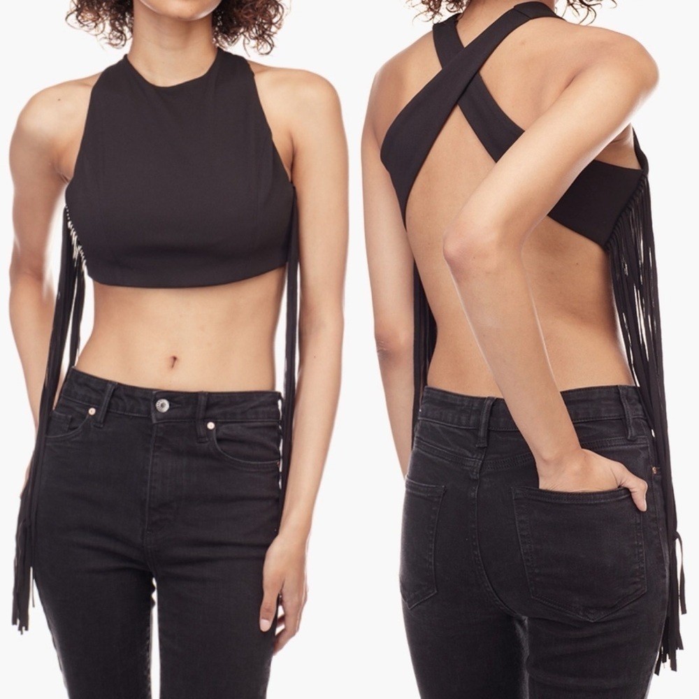 Zara Fringed Crop Top Size Small Black Crisscrossed Back Festival Biker New NWT